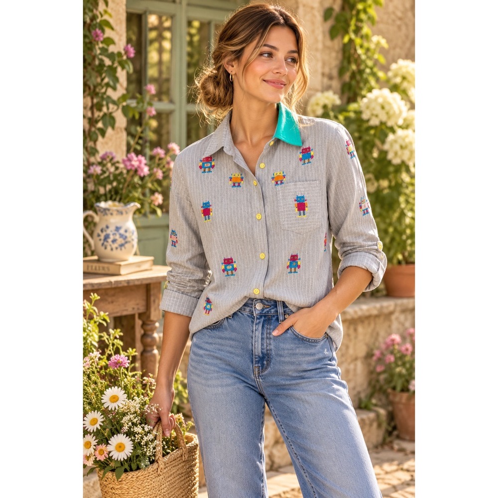 ELF SACK Robot Embroidered Pinstripe Shirt Gray Linen Blend Whimsical Small